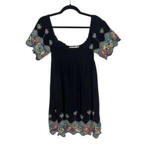 Solitaire Women’s Small off the Shoulder Dress Floral Embroidered Sleeves Black